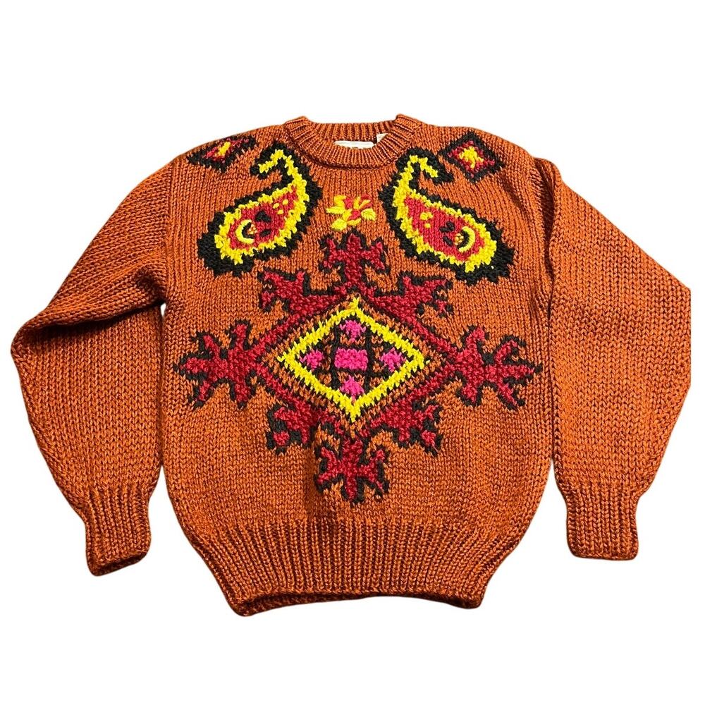 Vintage Crocheted‎ Korea Fall Autumnal Orange Sweater Granny Knitted Size Large